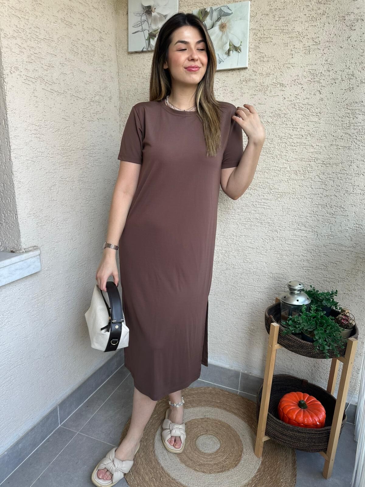 Kısa Kollu Modal Basic Elbise Kahverengi