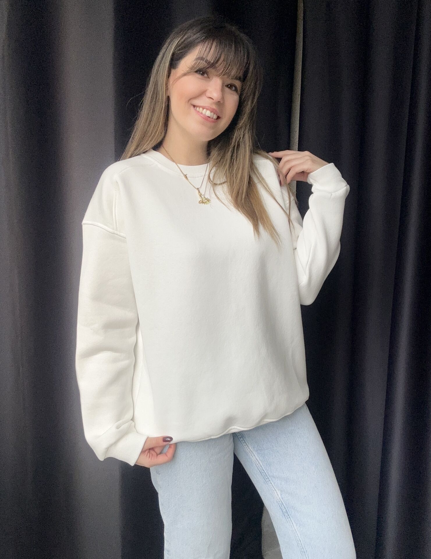 Omuz Dikiş Detaylı Beyaz Oversize Sweat