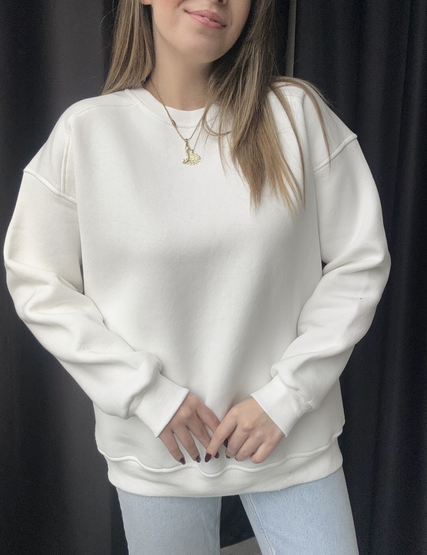 Omuz Dikiş Detaylı Beyaz Oversize Sweat