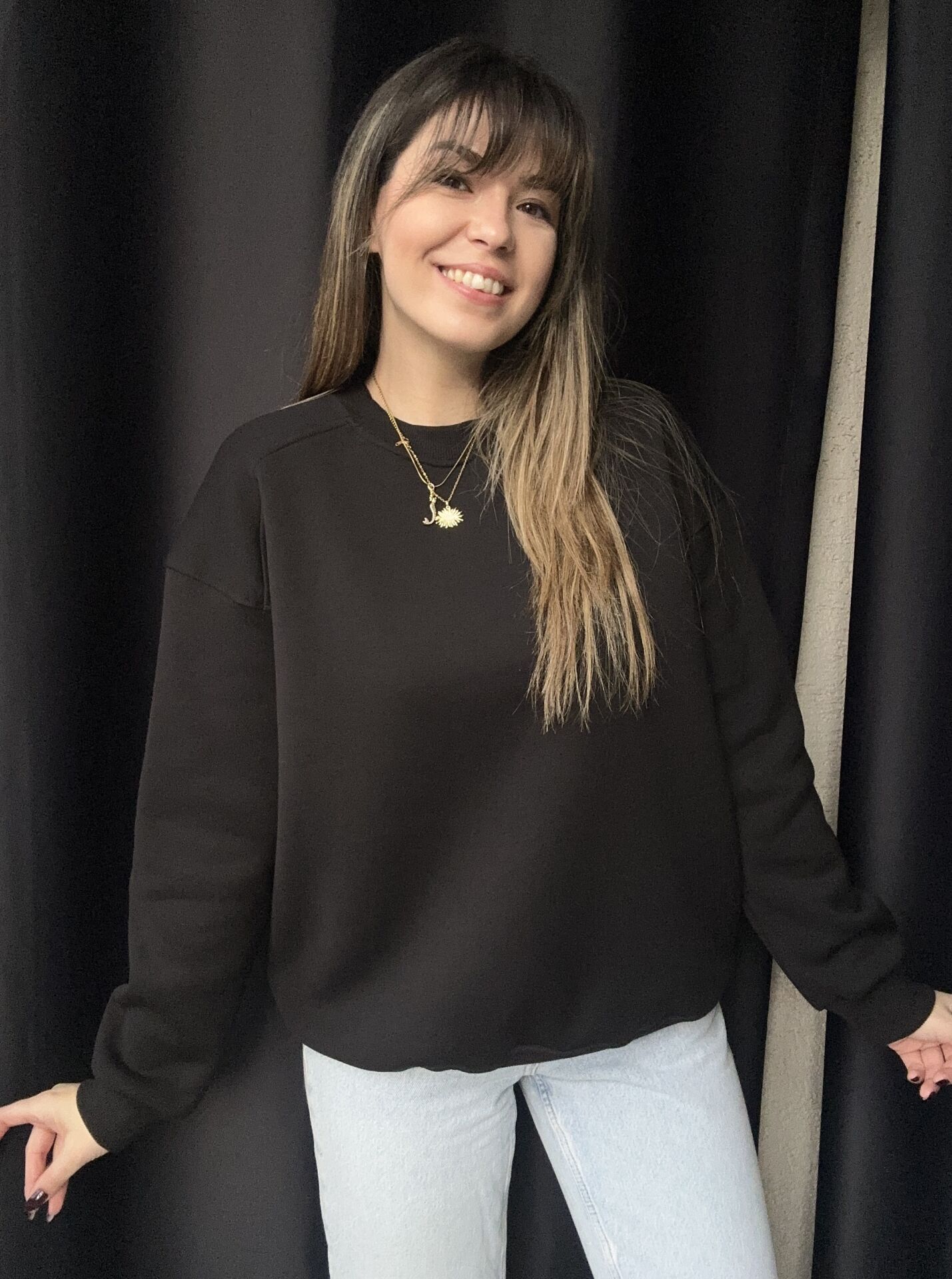 Omuz Dikiş Detaylı Siyah Oversiz Sweat