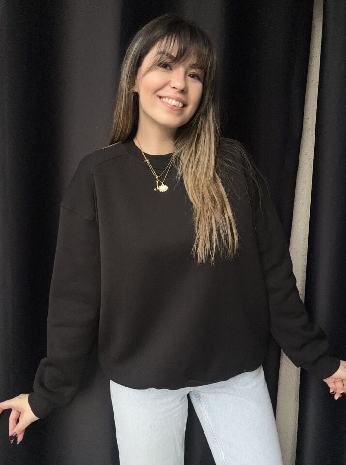 Omuz Dikiş Detaylı Siyah Oversiz Sweat