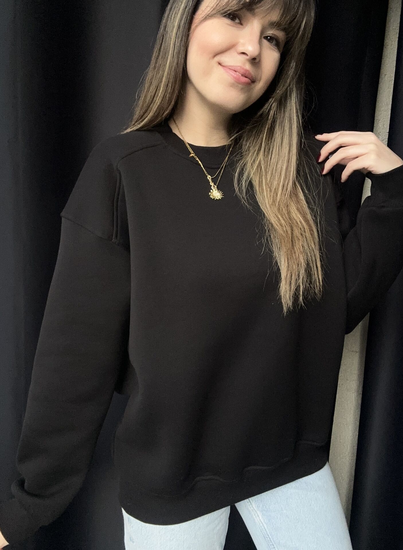 Omuz Dikiş Detaylı Siyah Oversiz Sweat