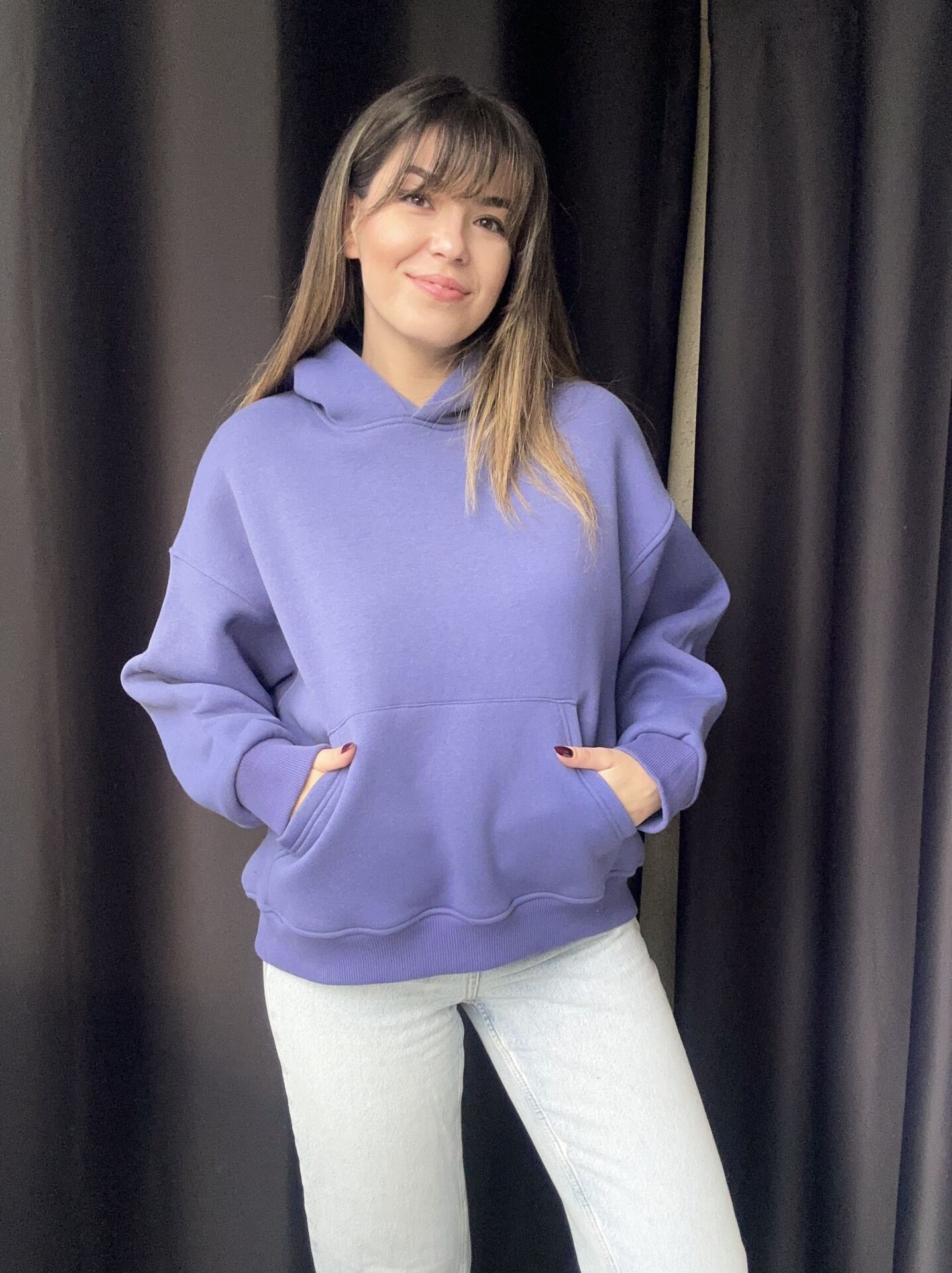Kapüşonlu Cepli İndigo Mavi Sweatshirt