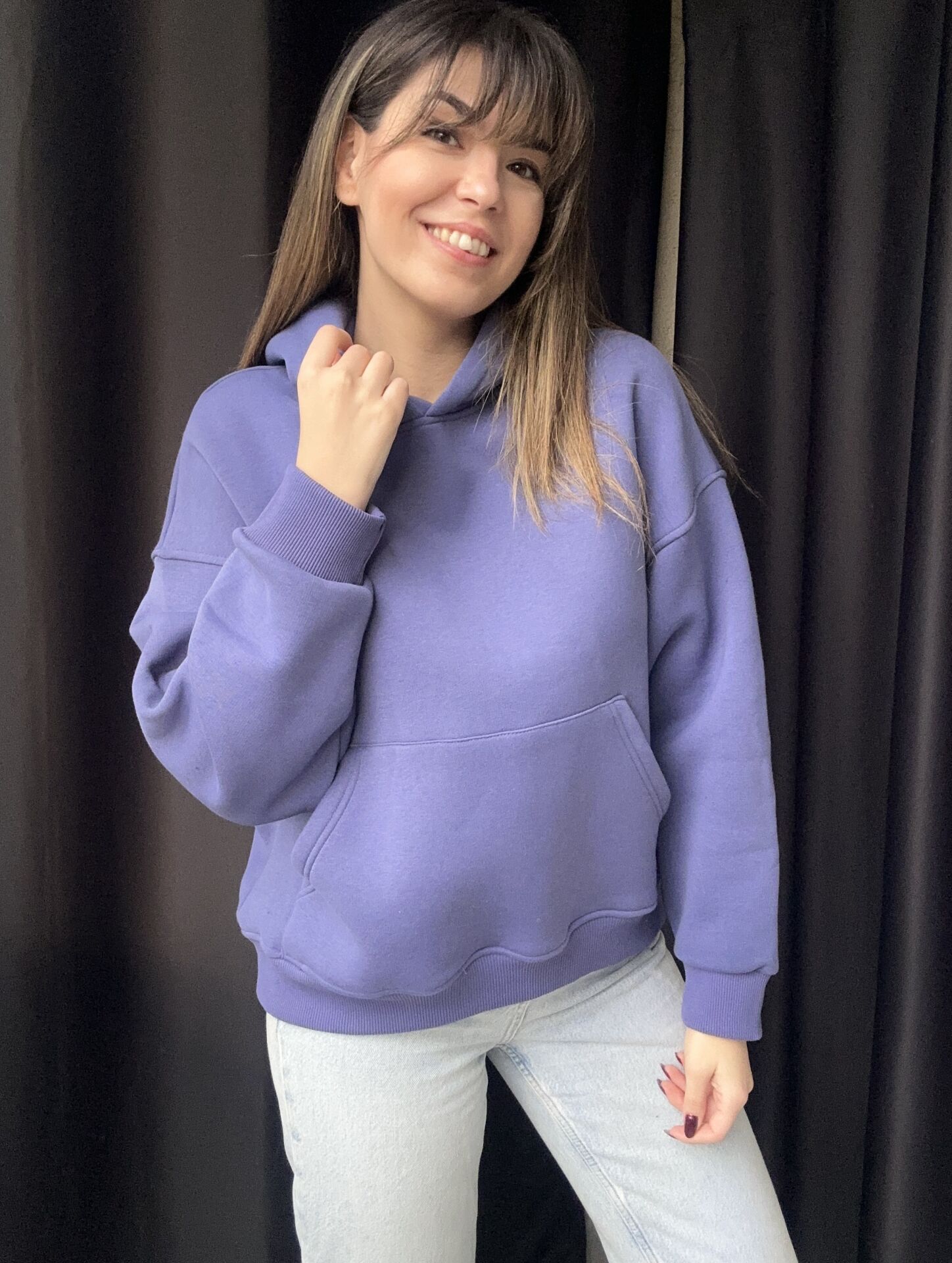 Kapüşonlu Cepli İndigo Mavi Sweatshirt