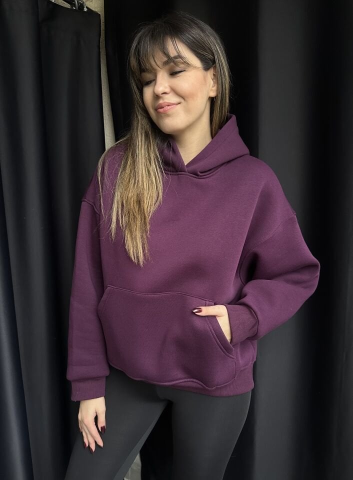 Kapüşonlu Cepli Mürdüm Sweatshirt
