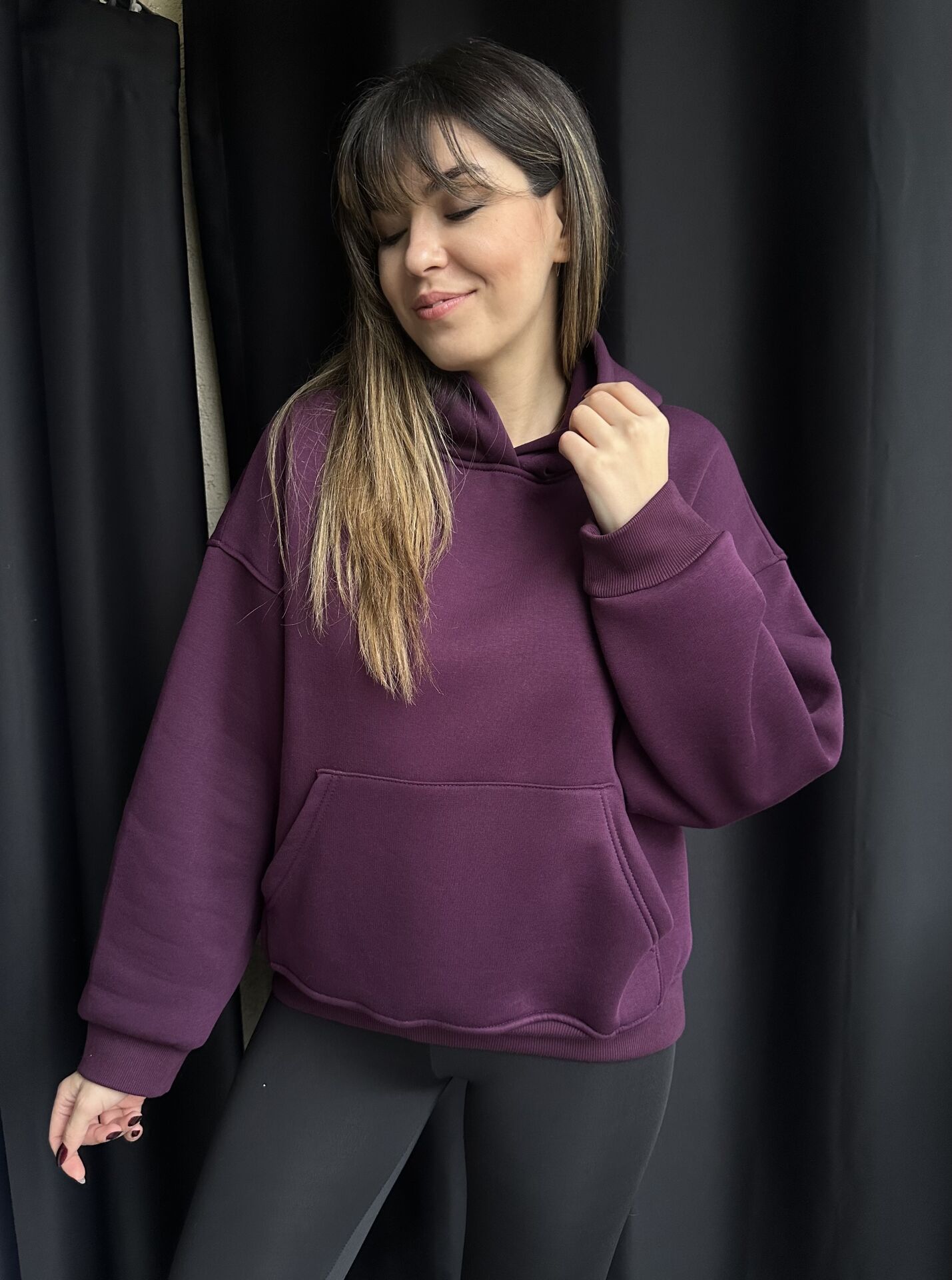 Kapüşonlu Cepli Mürdüm Sweatshirt