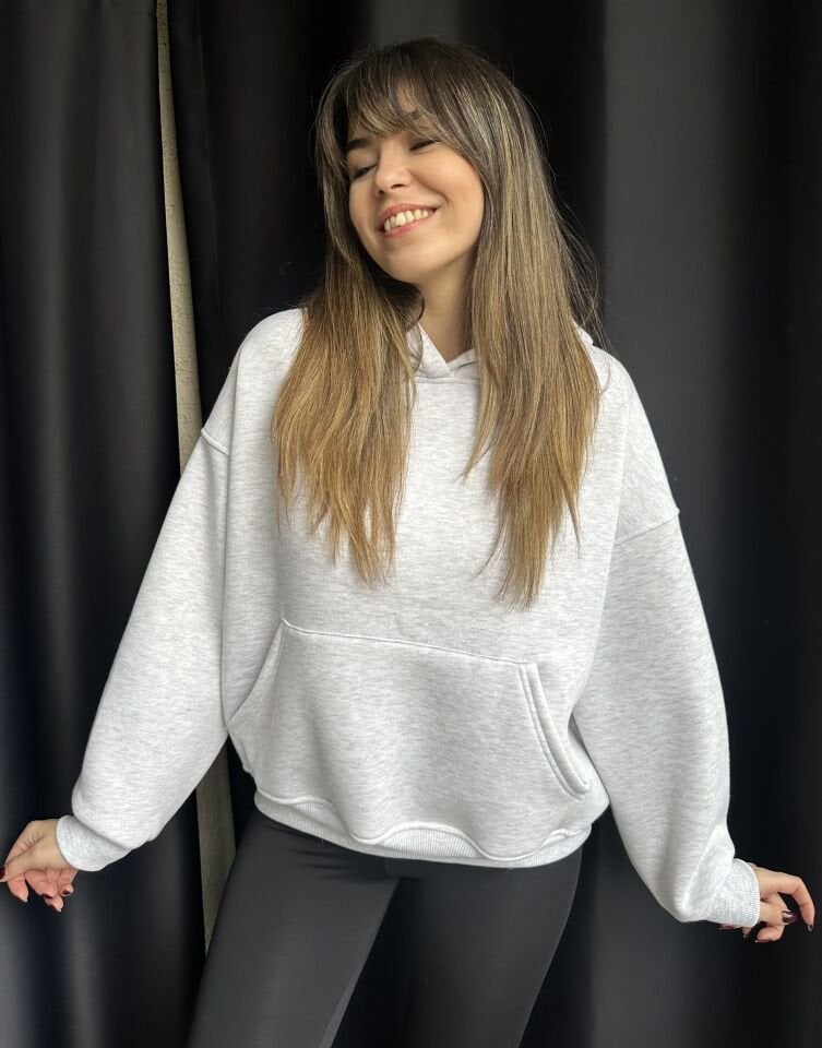 Kapüşonlu Cepli Gri Melanj Sweatshirt