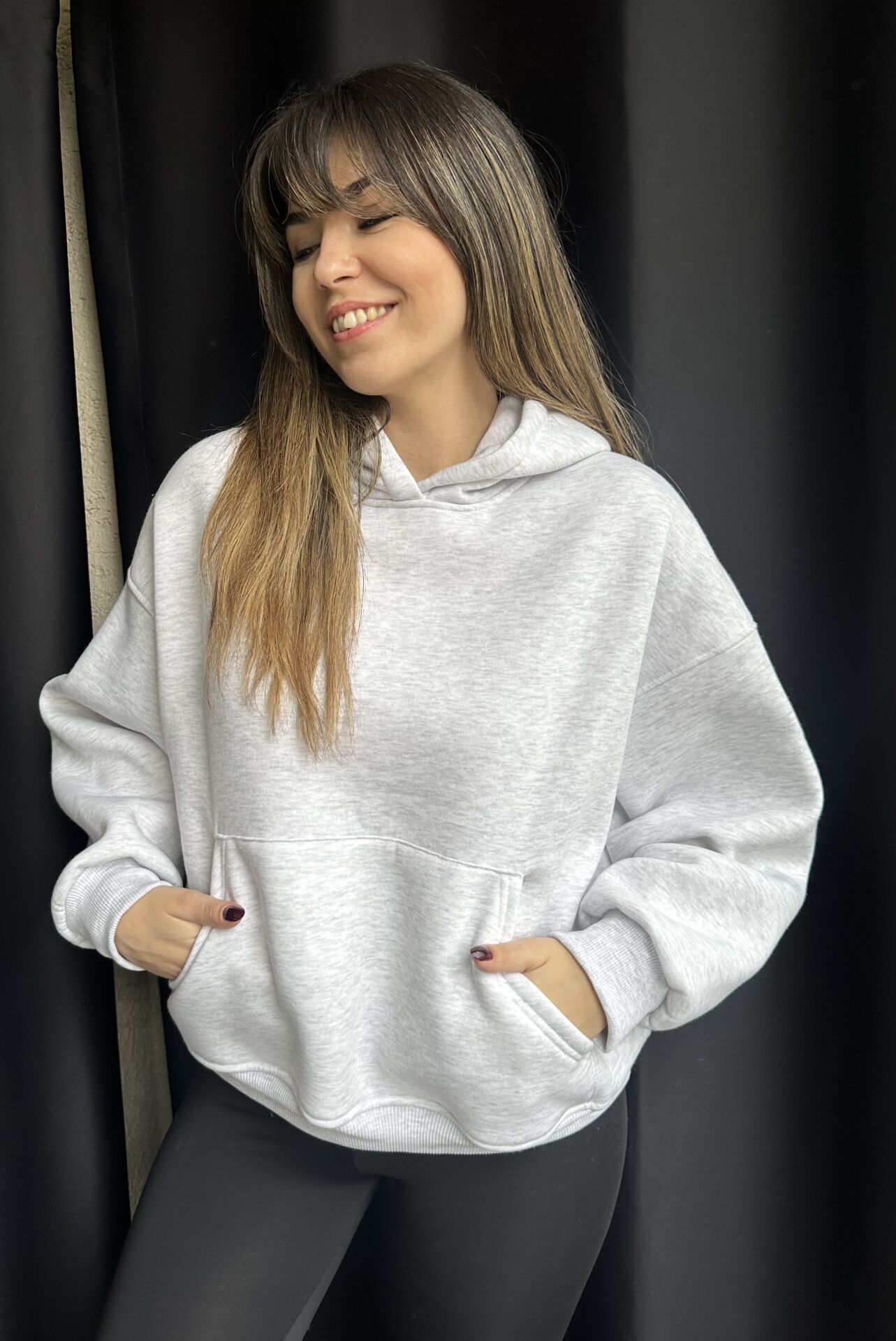 Kapüşonlu Cepli Gri Melanj Sweatshirt