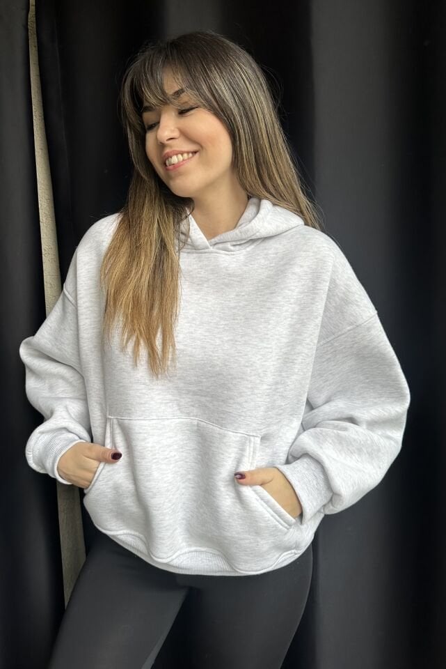Kapüşonlu Cepli Gri Melanj Sweatshirt