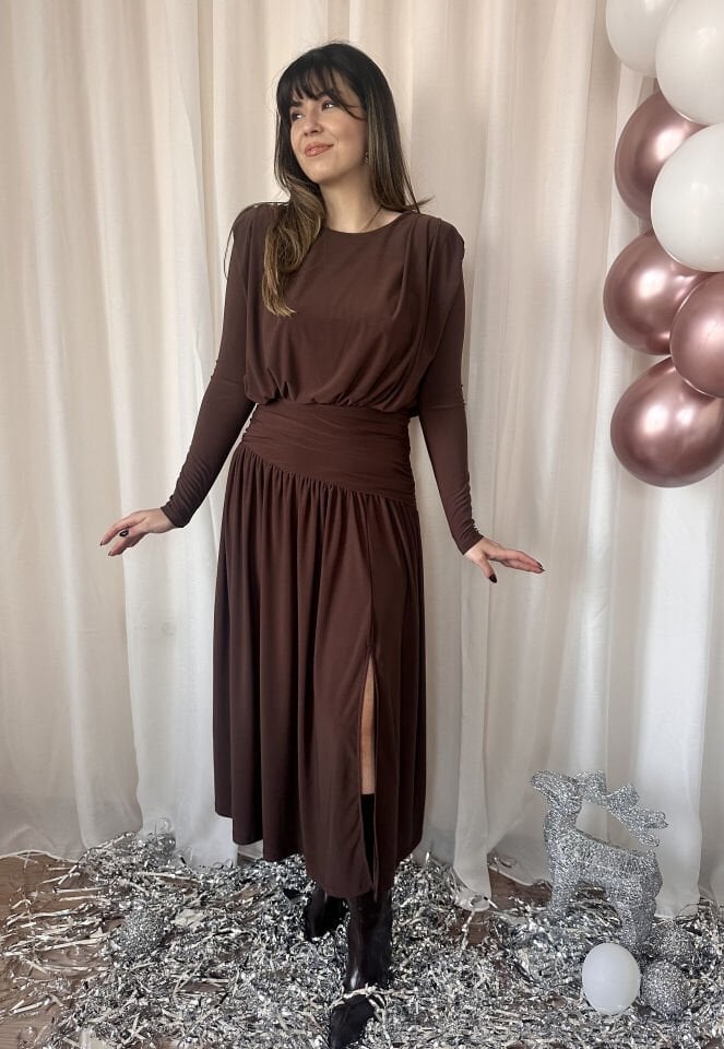 Select Drapeli  Yırtmaçlı Kahve Elbise