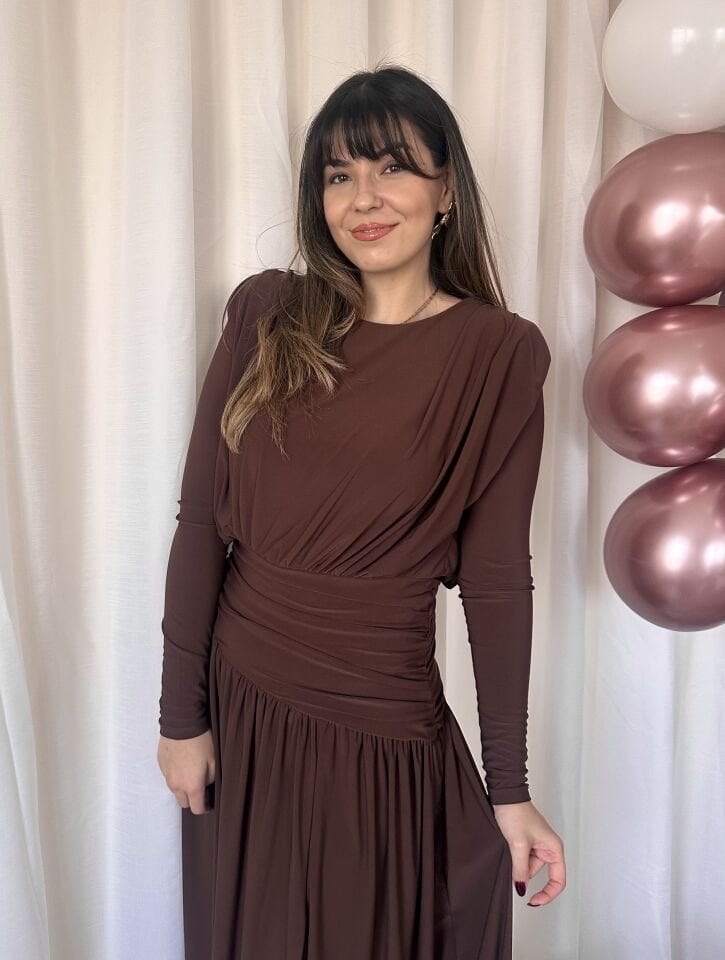 Select Drapeli  Yırtmaçlı Kahve Elbise