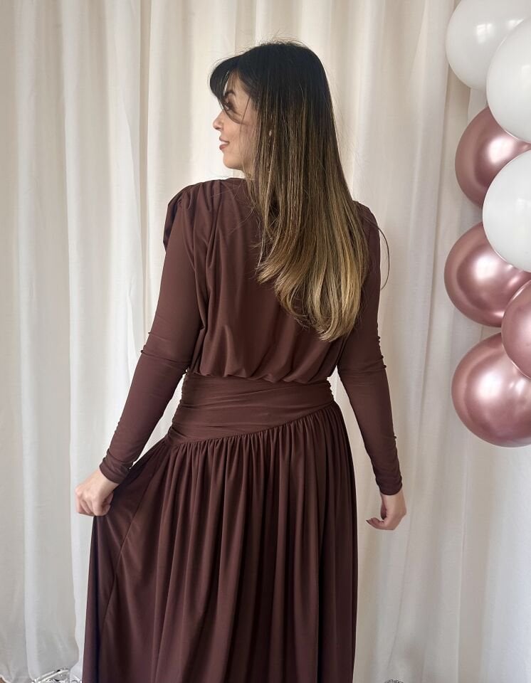 Select Drapeli  Yırtmaçlı Kahve Elbise