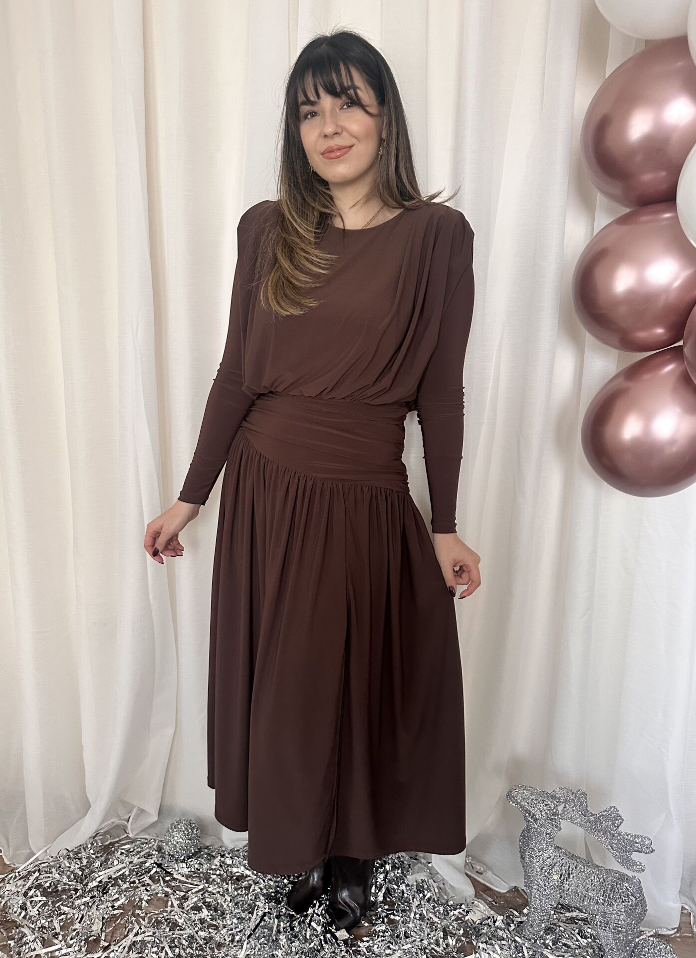 Select Drapeli  Yırtmaçlı Kahve Elbise