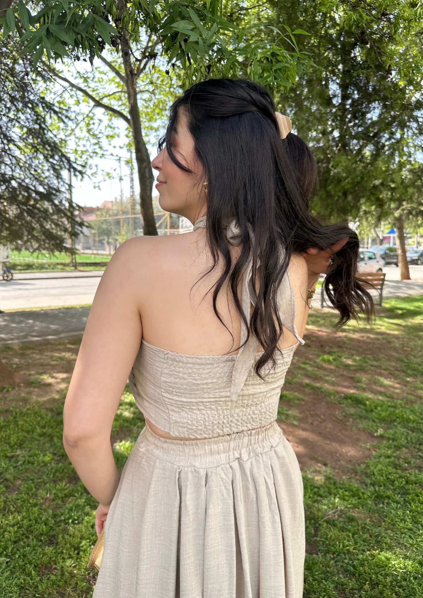 Taş Rengi Keten Ayrobin Crop Bluz