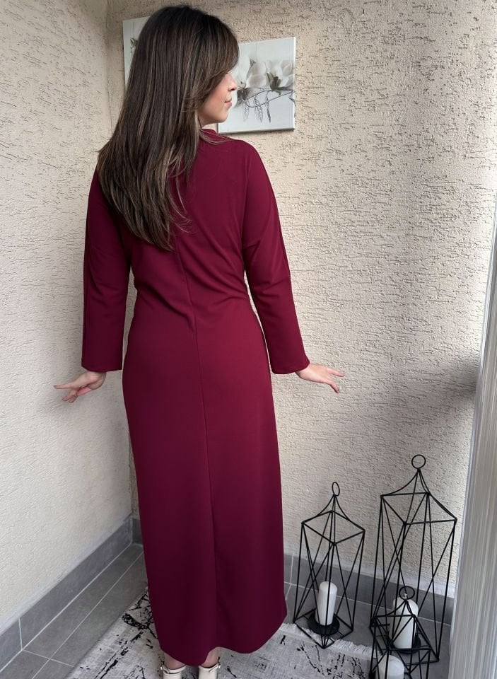 Kity Bağlama Detaylı Bordo Elbise