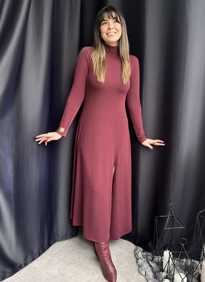 Bordo Çilek Yırtmaçlı Elbise