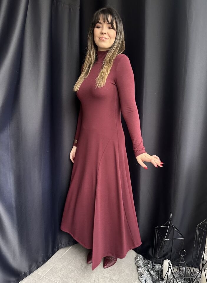 Bordo Çilek Yırtmaçlı Elbise