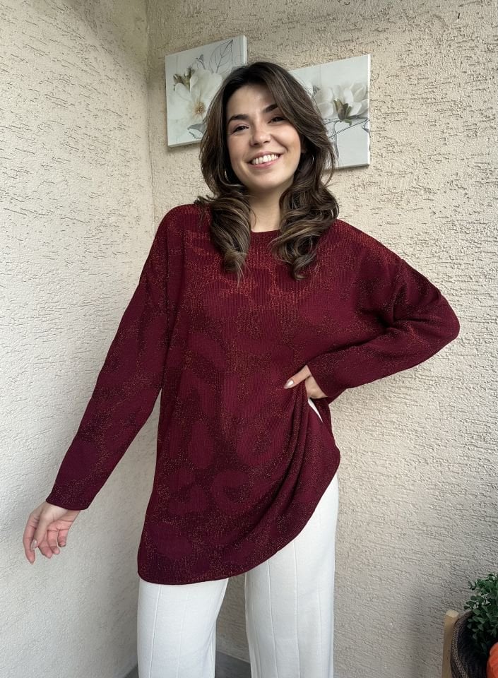 Bordo Simli Desenli Triko