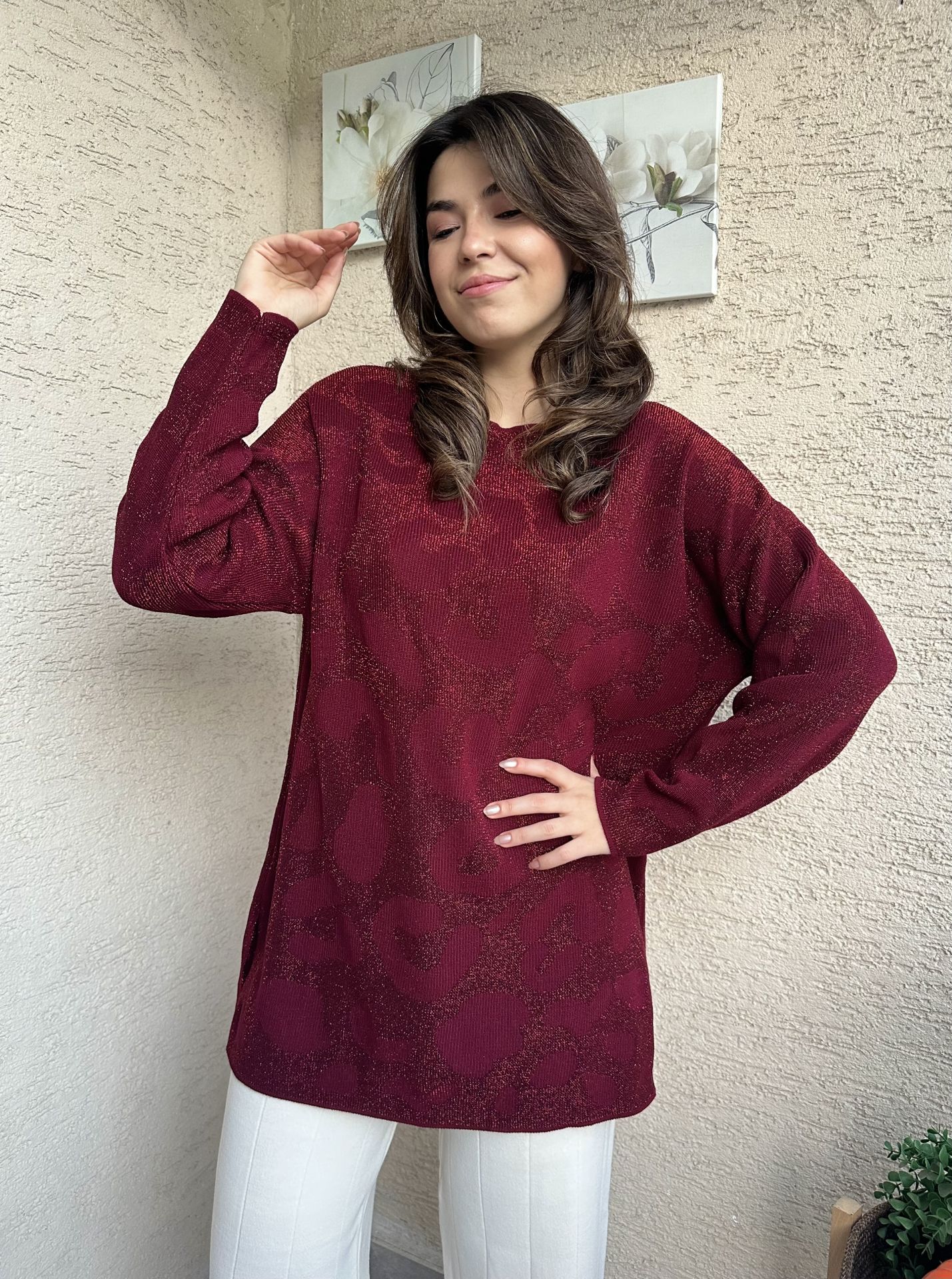 Bordo Simli Desenli Triko