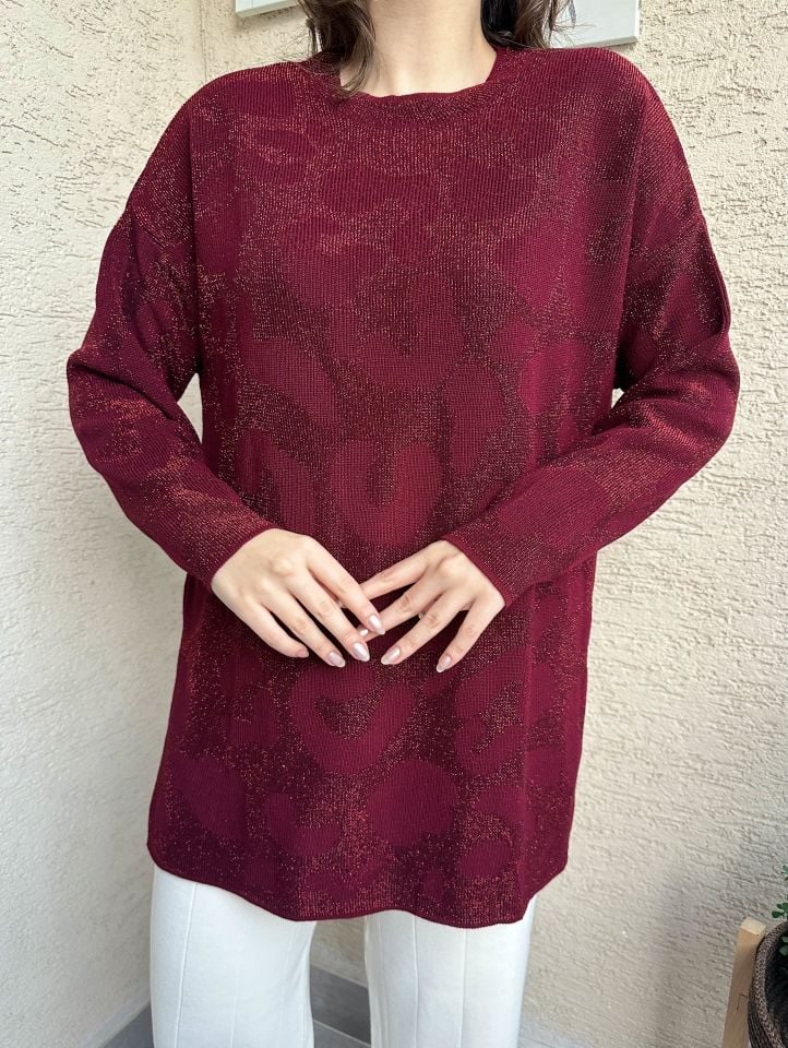 Bordo Simli Desenli Triko