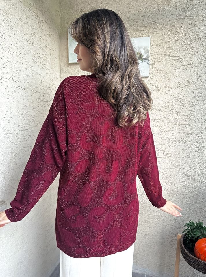 Bordo Simli Desenli Triko