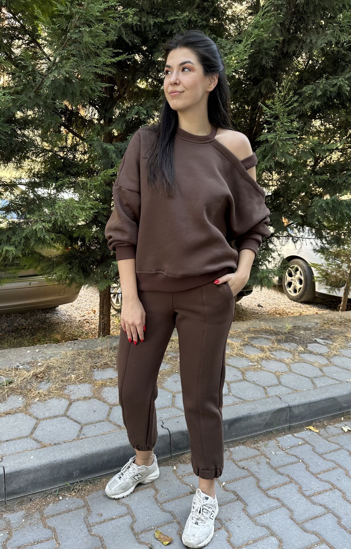 Omuz Pencereli Eşofman Takımı-Kahverengi