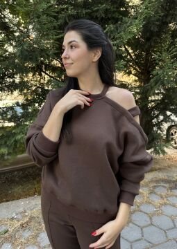 Omuz Pencereli Eşofman Takımı-Kahverengi