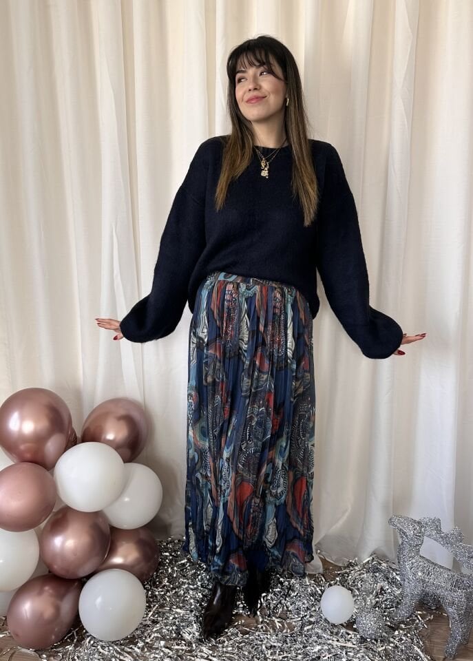 Lacivert Desenli Şifon Pileli Etek