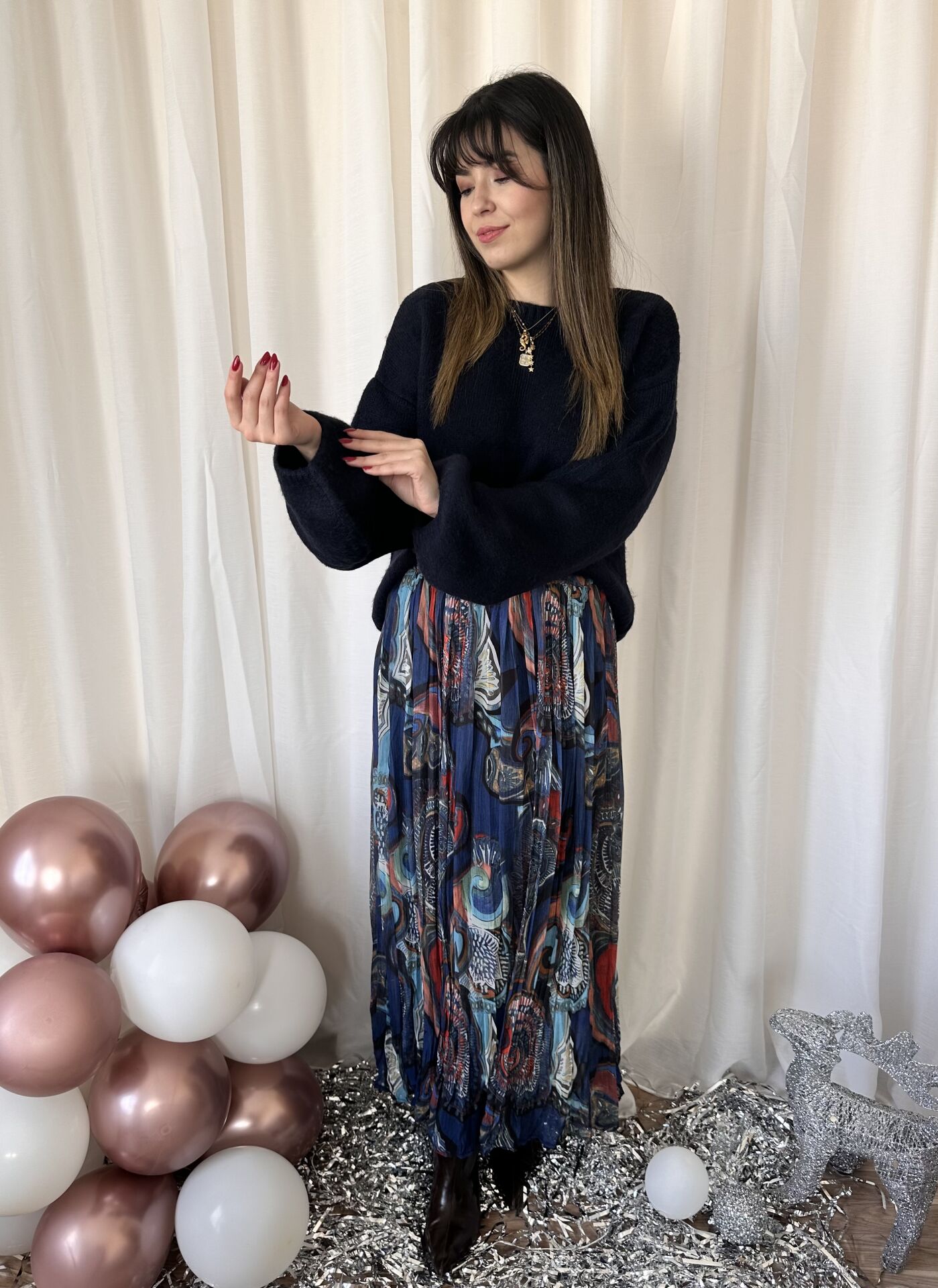 Lacivert Desenli Şifon Pileli Etek