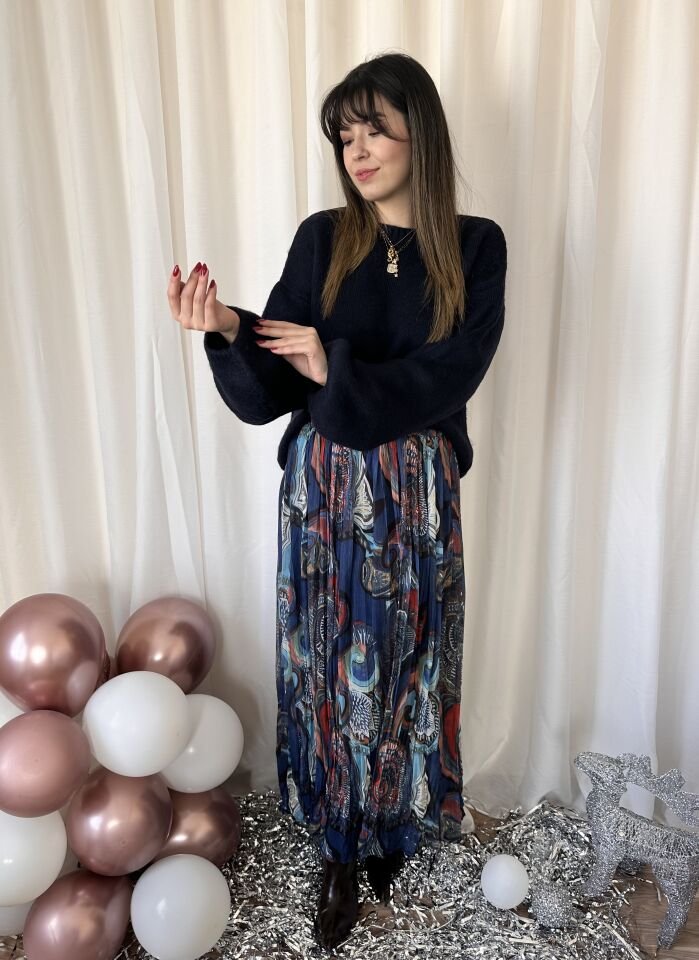 Lacivert Desenli Şifon Pileli Etek