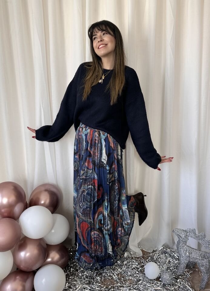 Lacivert Desenli Şifon Pileli Etek