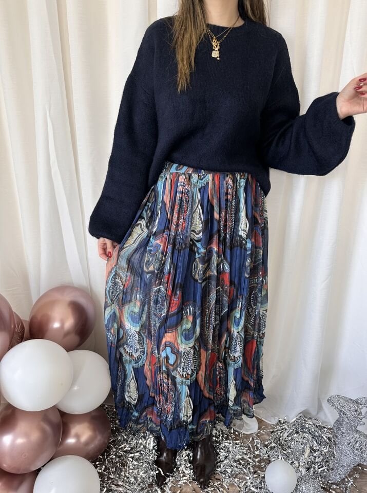 Lacivert Desenli Şifon Pileli Etek