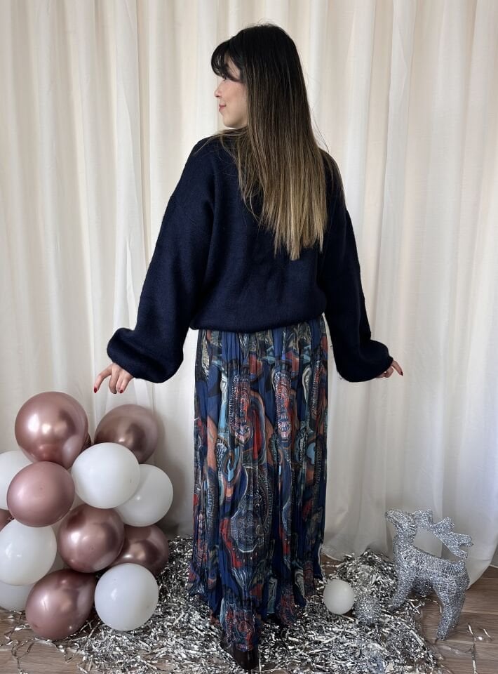 Lacivert Desenli Şifon Pileli Etek