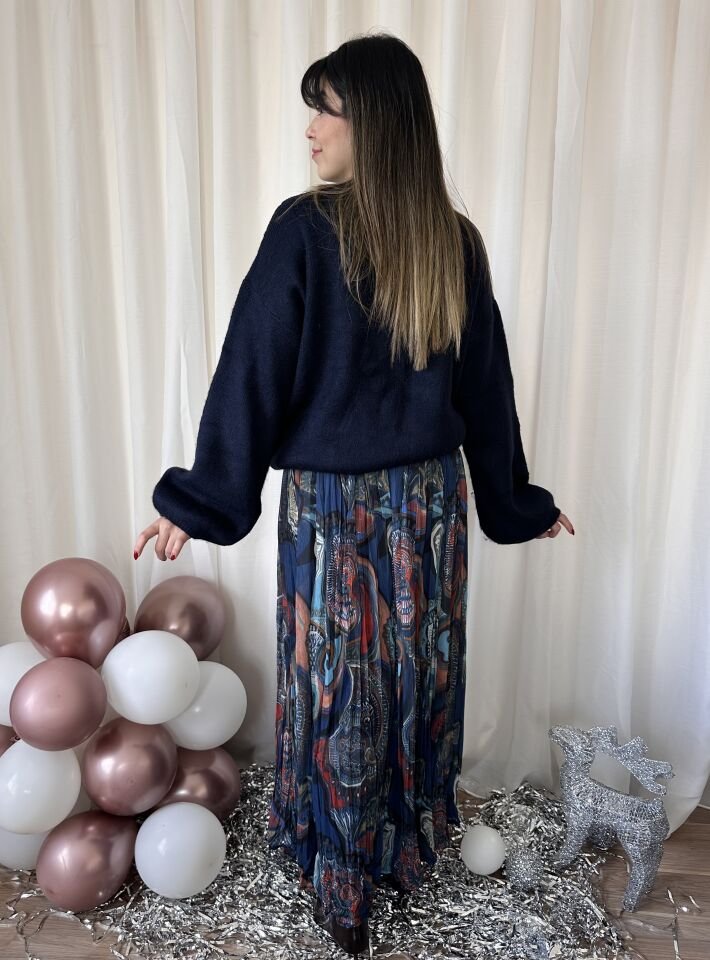 Lacivert Desenli Şifon Pileli Etek