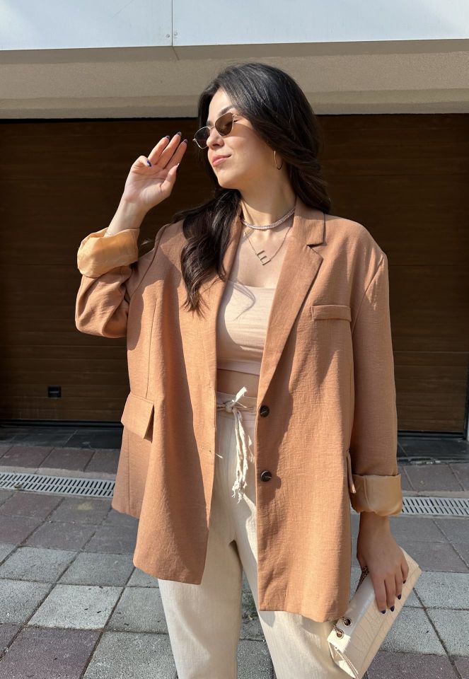 Camel Dokulu Blazer Ceket