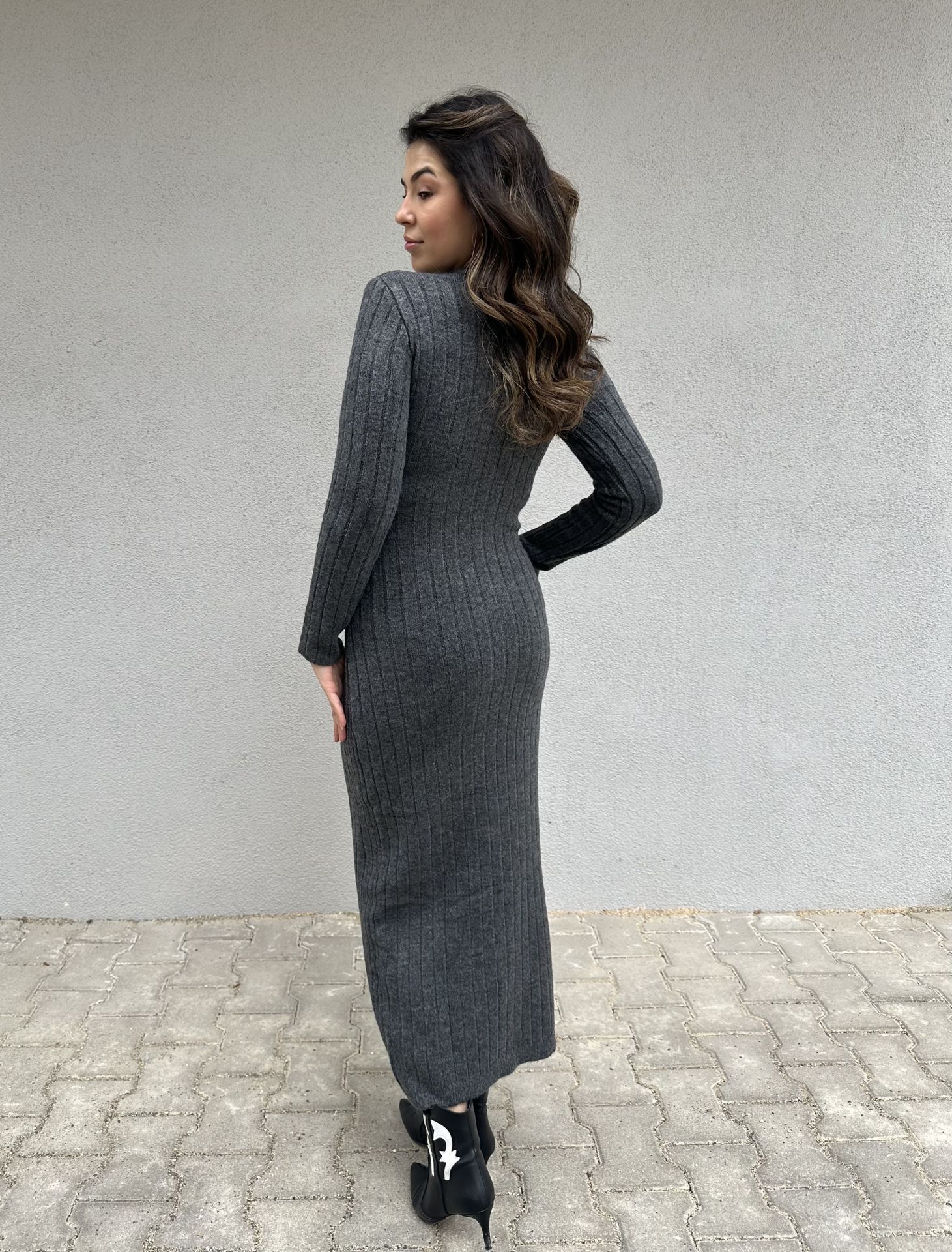 Antrasit Bağlama Detaylı Triko Elbise