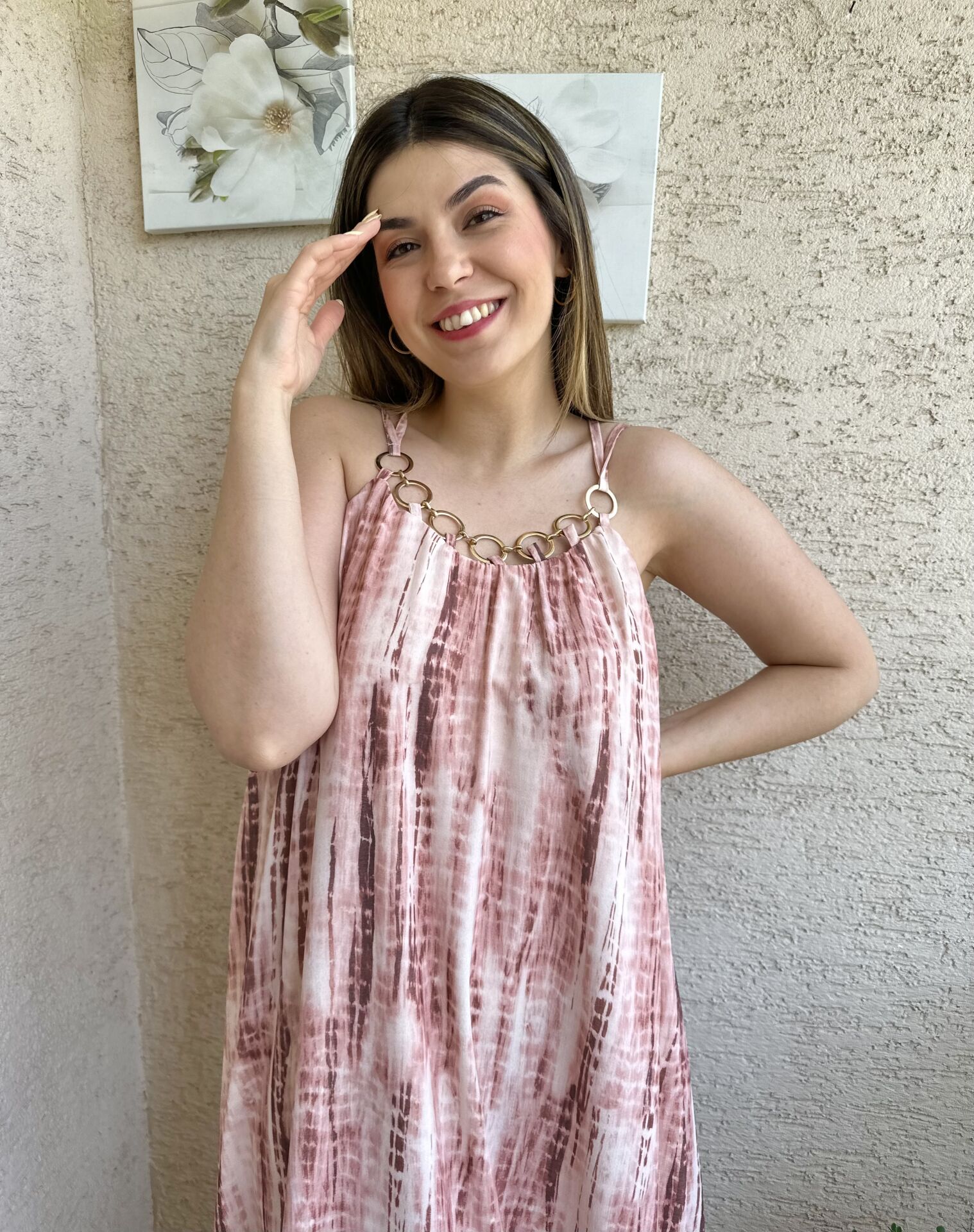 Gold Aksesuarlı İp Askılı Pudra Elbise