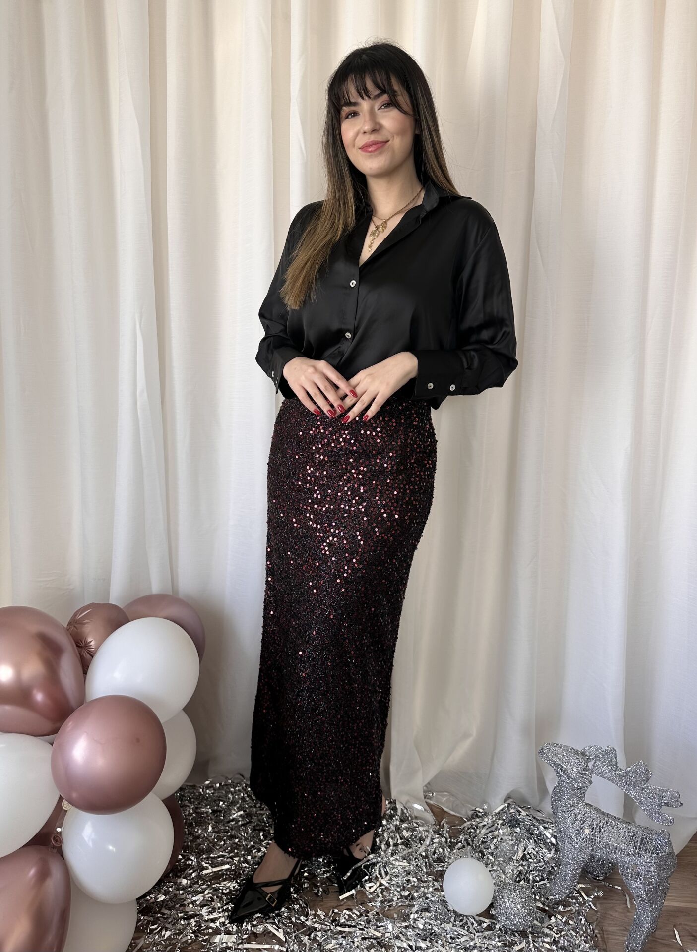 Bordo Payetli Maksi Etek