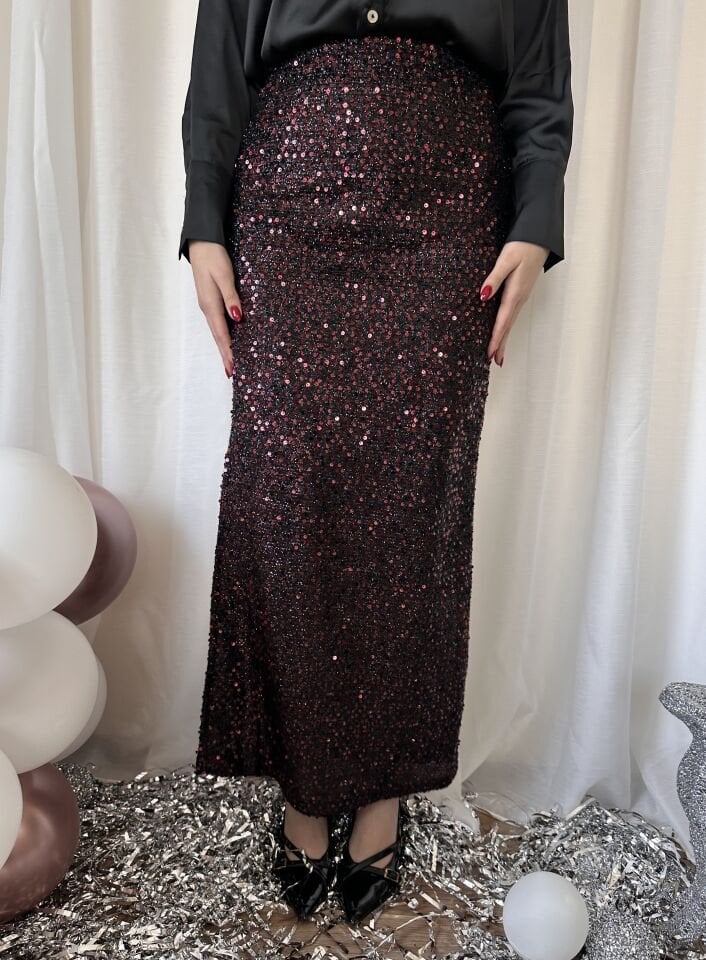 Bordo Payetli Maksi Etek