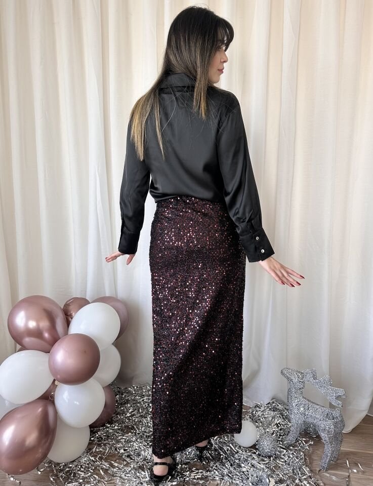 Bordo Payetli Maksi Etek