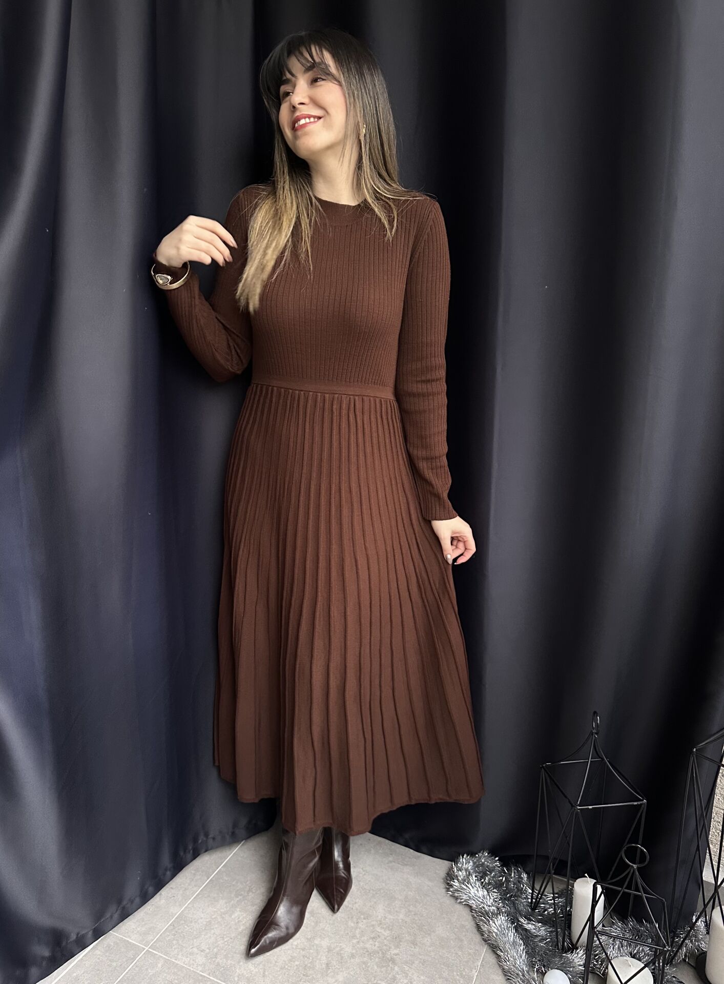 Kilya Fitilli Kahverengi Triko Elbise