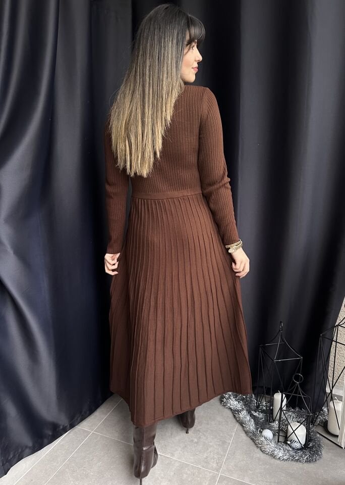 Kilya Fitilli Kahverengi Triko Elbise