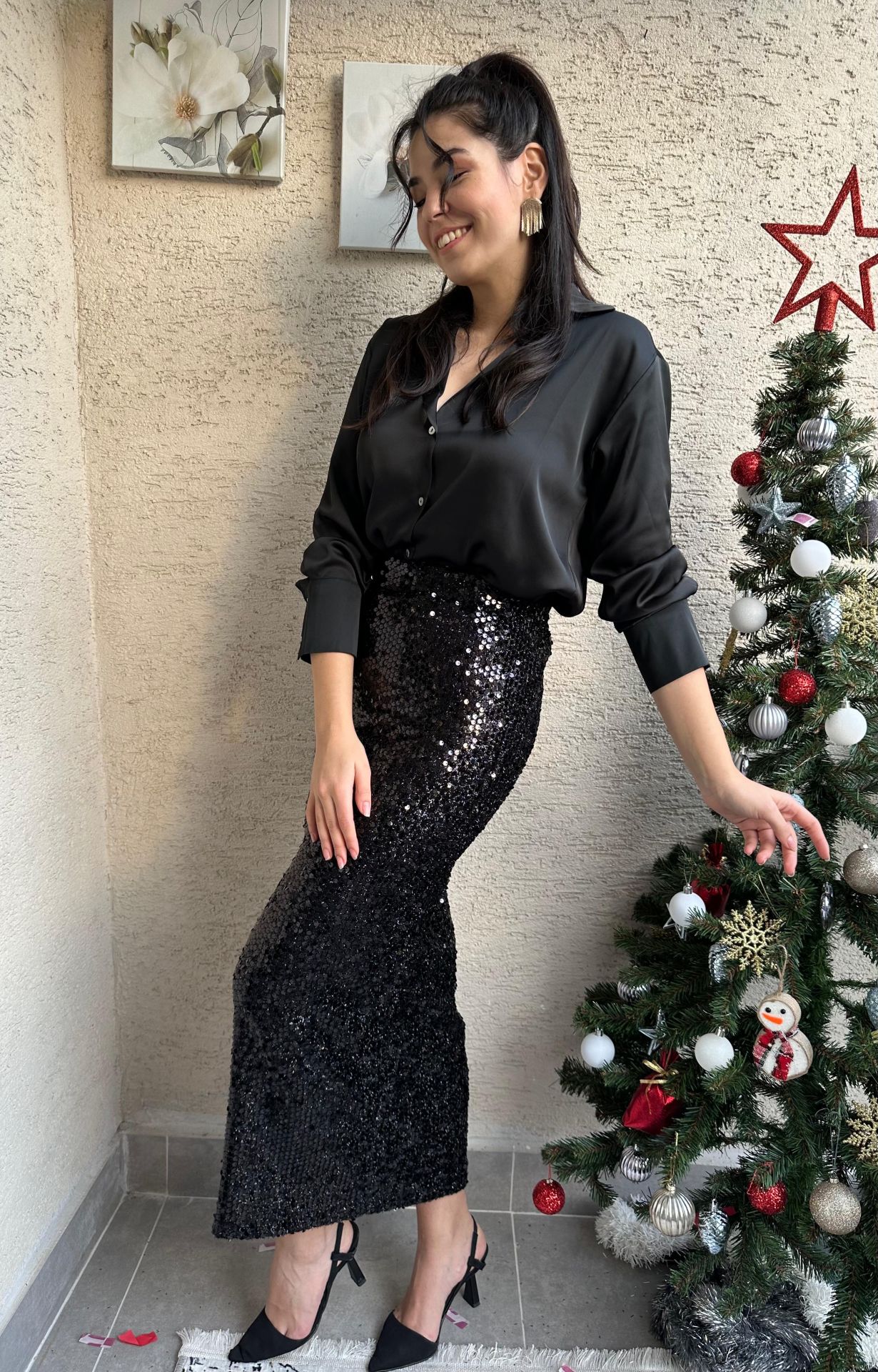 Siyah Maksi Payet Etek