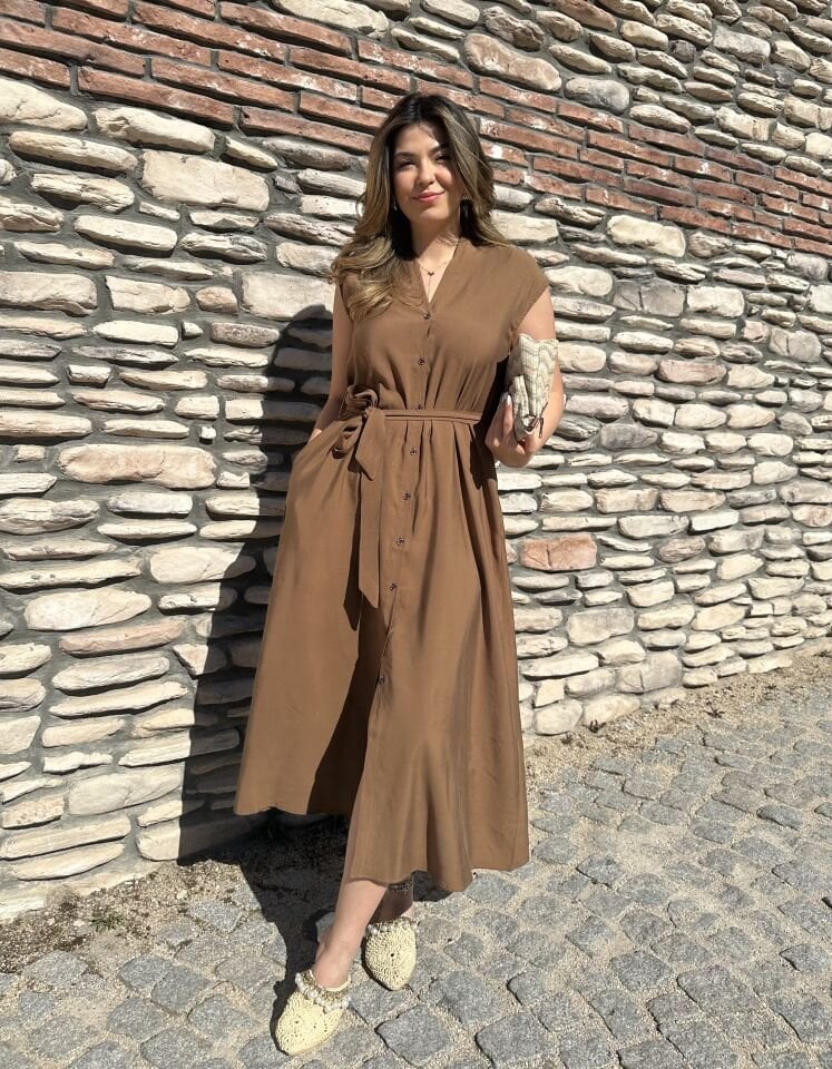 V Yaka Kahverengi Gömlek Elbise