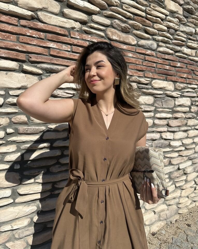 V Yaka Kahverengi Gömlek Elbise