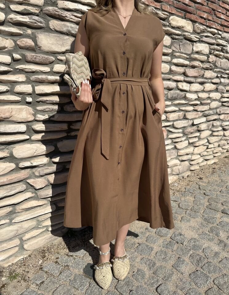 V Yaka Kahverengi Gömlek Elbise