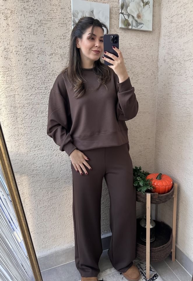 Kahverengi  Modal Uzun Kollu Sweat Pantolon Takım