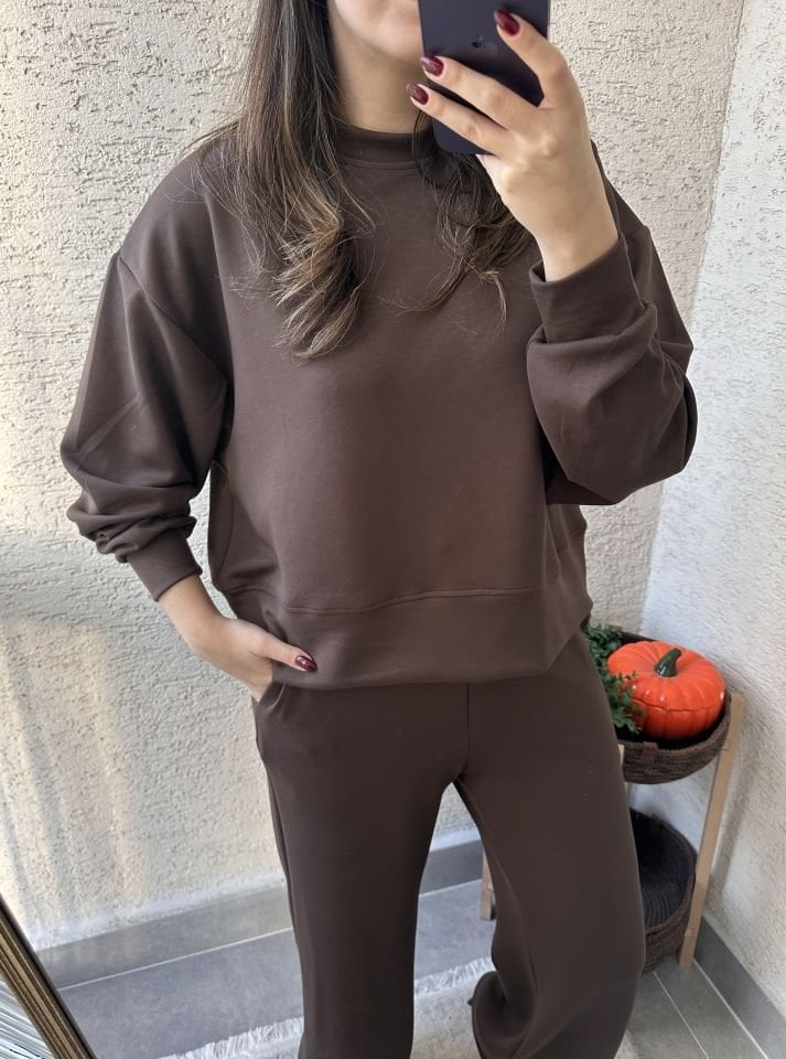 Kahverengi  Modal Uzun Kollu Sweat Pantolon Takım