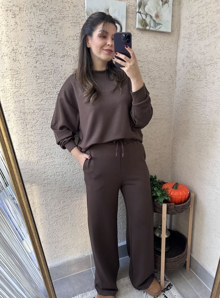 Kahverengi  Modal Uzun Kollu Sweat Pantolon Takım