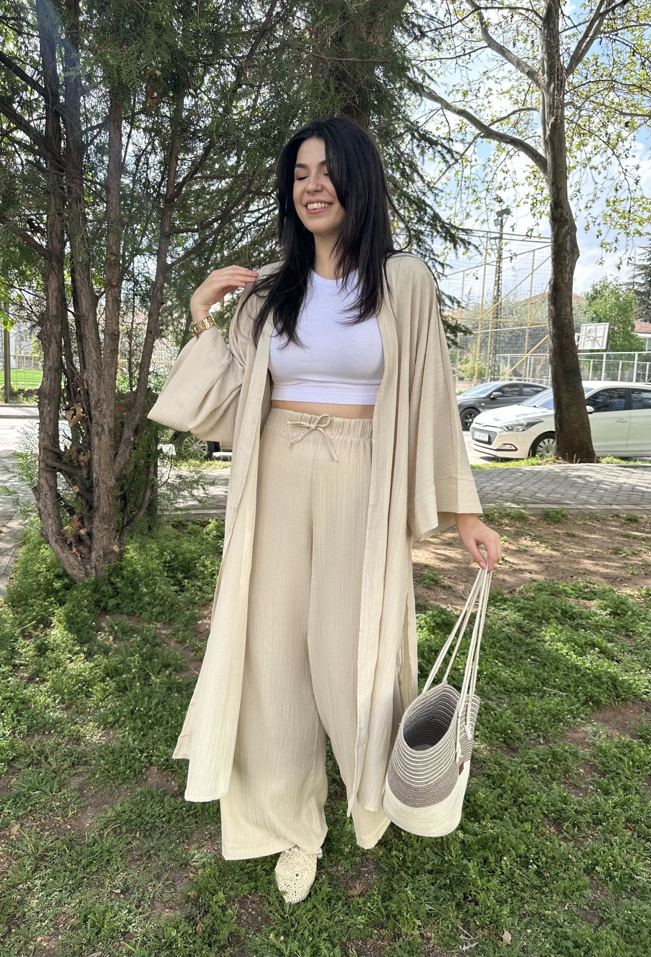 Uzun Kimono Gofre Takım Krem